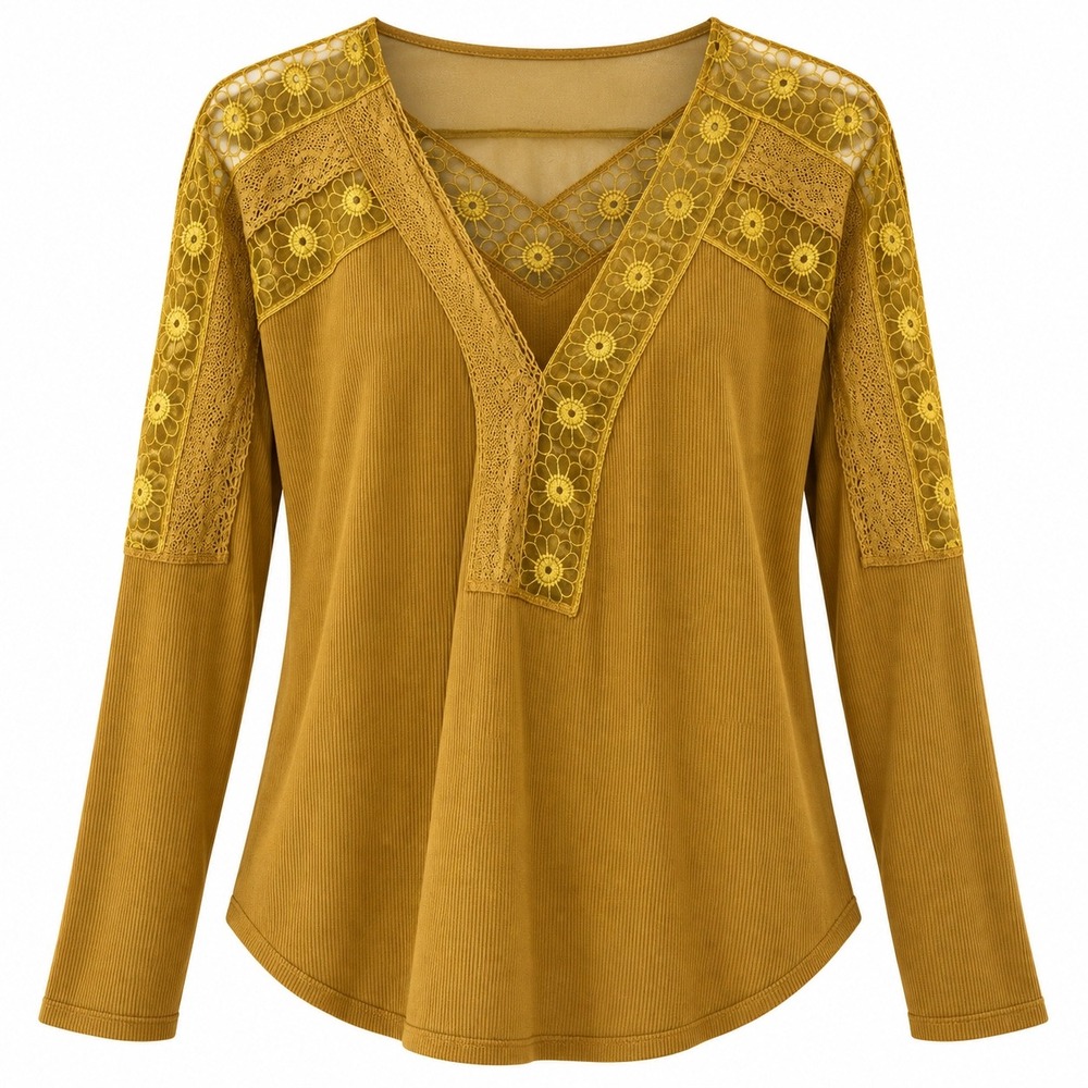 Free People Mustard Yellow Ribbed Lace Crochet Trim V-Neck Long Sleeve Top Small